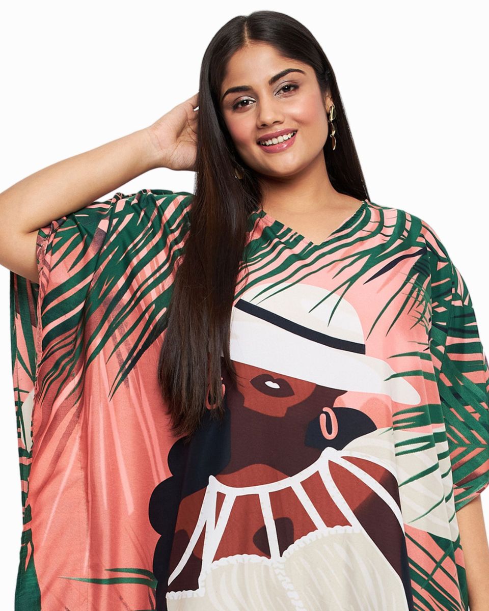 Peach Tribal Printed Polyester Plus Size Kaftan Dress For Women
