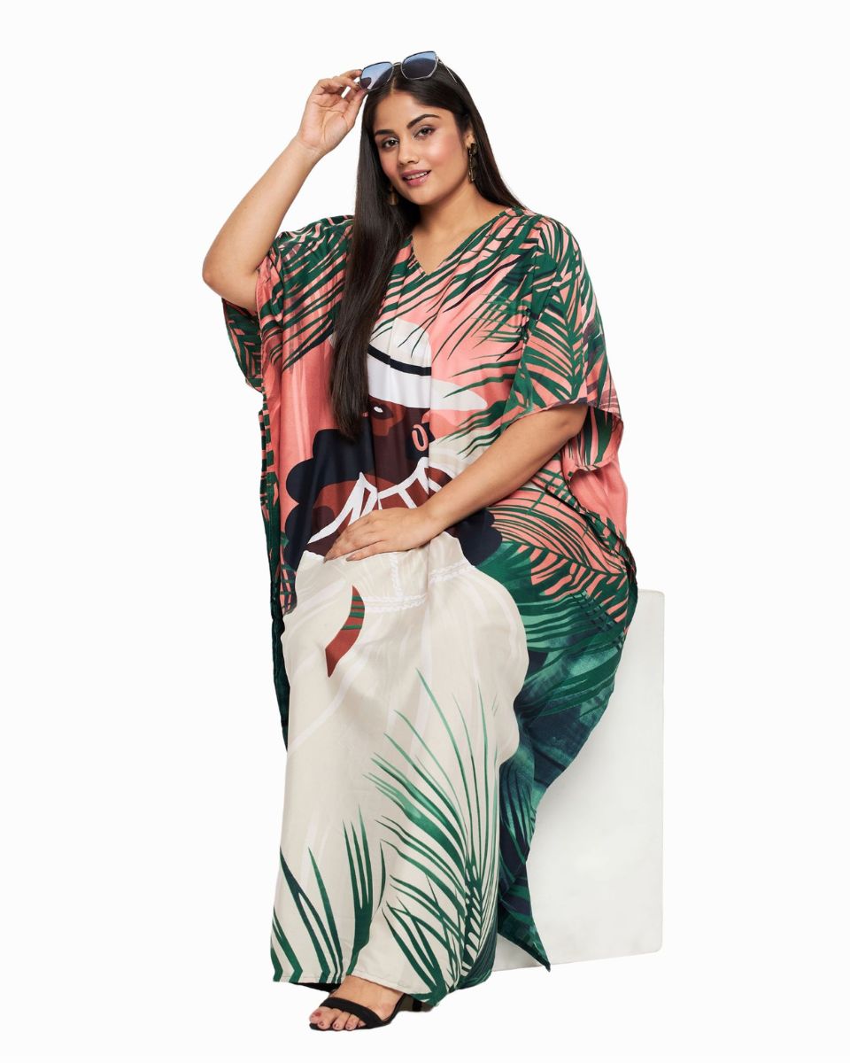 Peach Tribal Printed Polyester Plus Size Kaftan Dress For Women