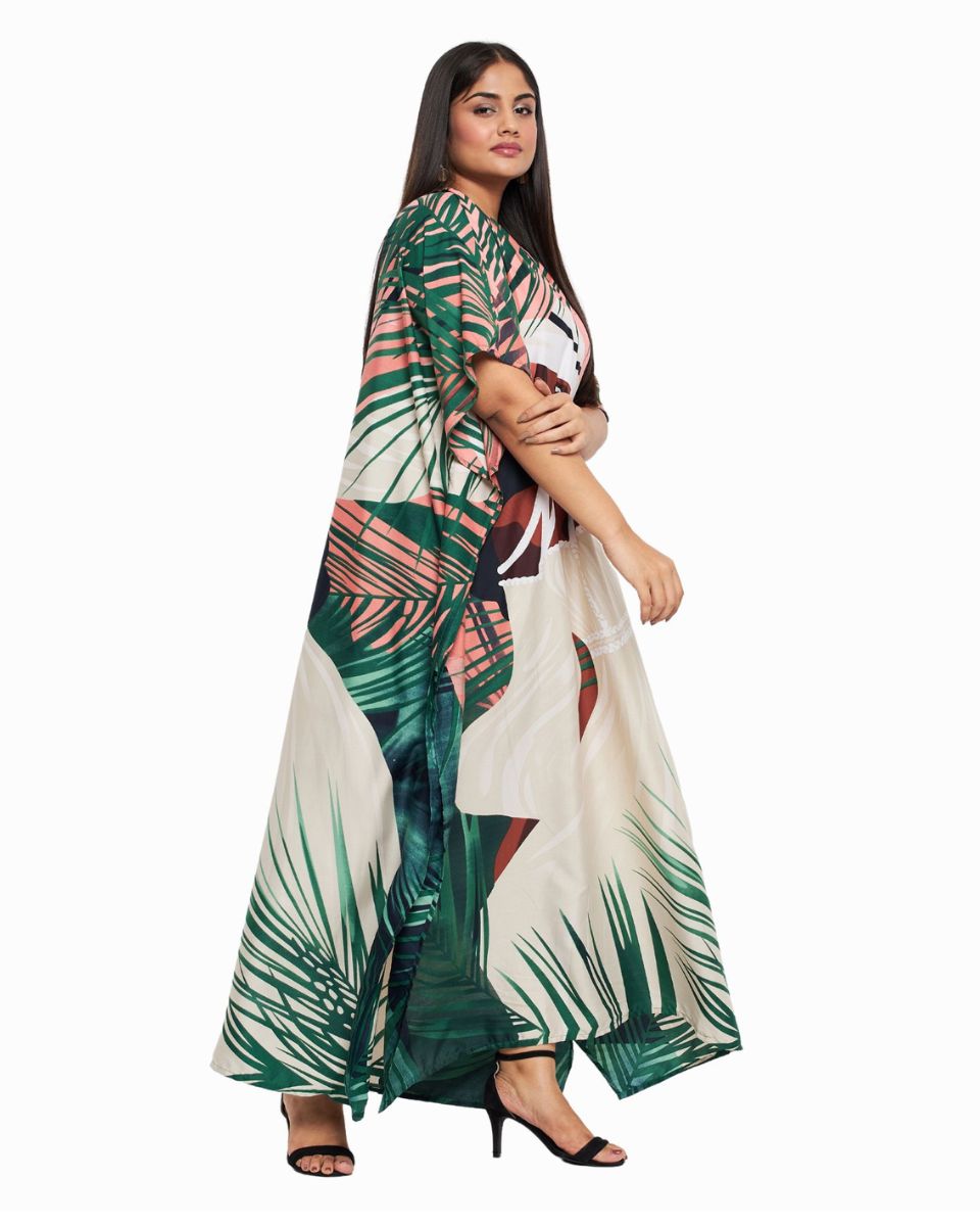 Peach Tribal Printed Polyester Plus Size Kaftan Dress For Women