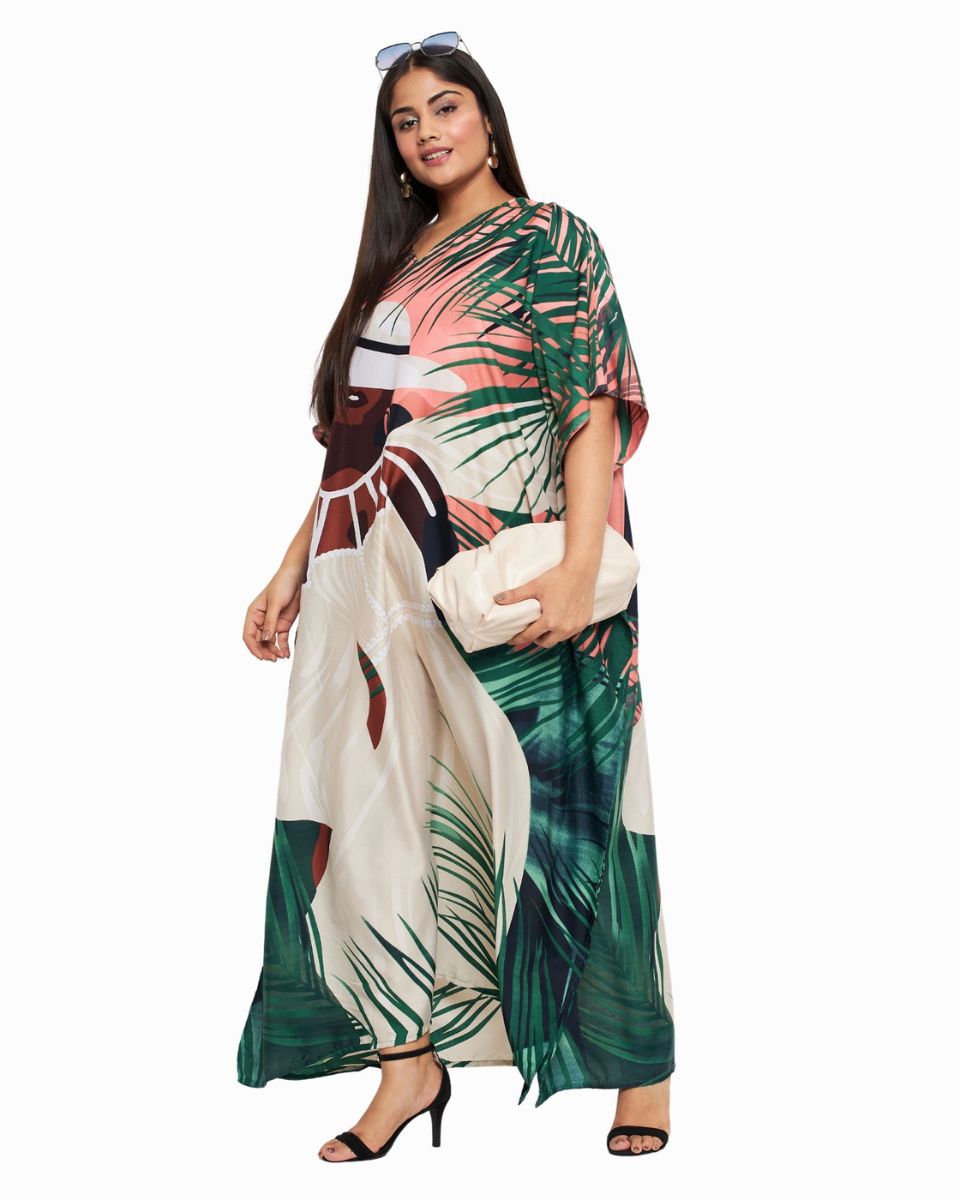 Peach Tribal Printed Polyester Plus Size Kaftan Dress For Women