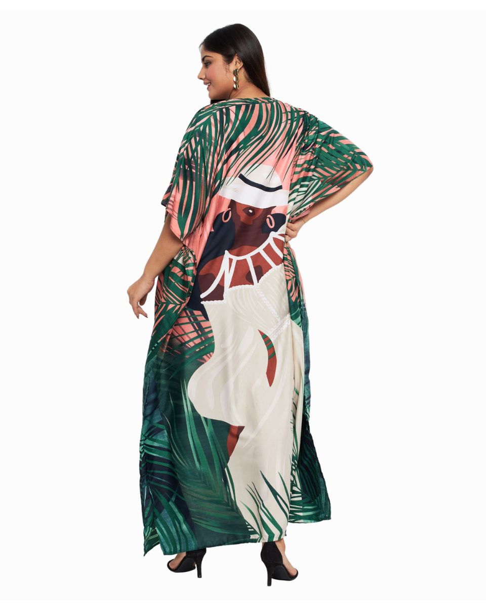 Peach Tribal Printed Polyester Plus Size Kaftan Dress For Women