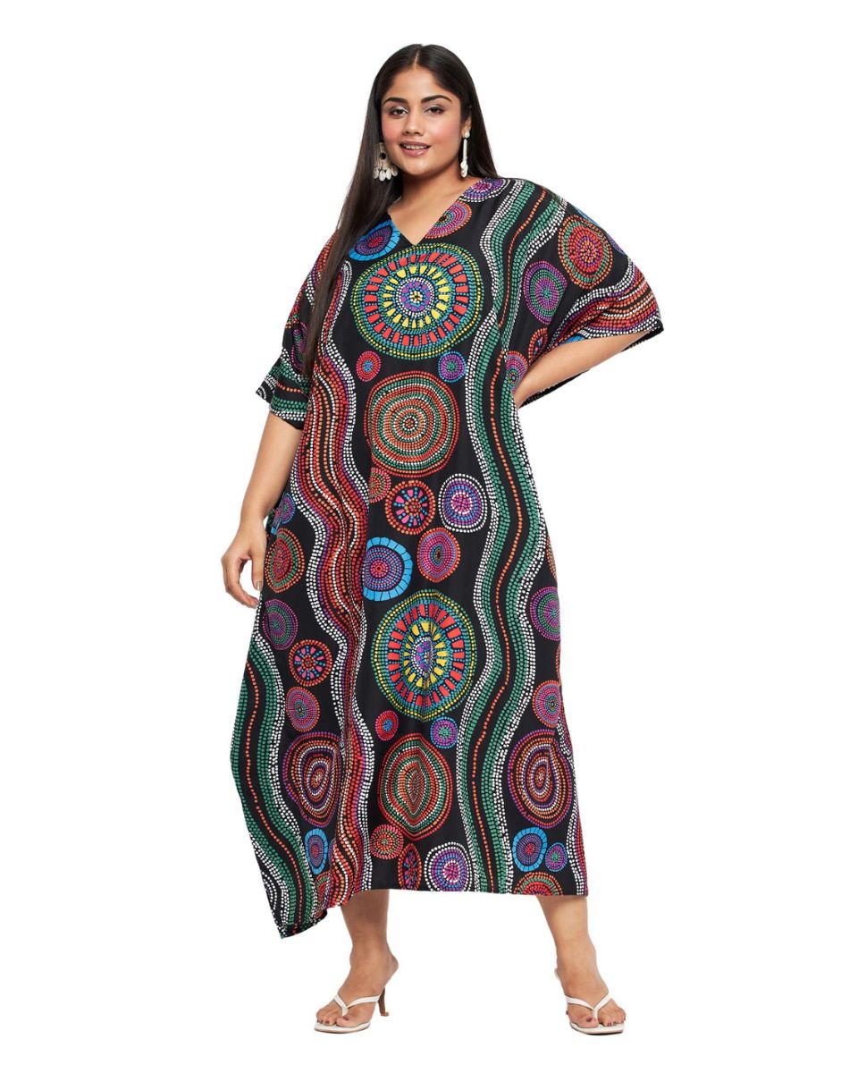 Plus Size Women Geometric Printed Black Polyester Kaftan Dress