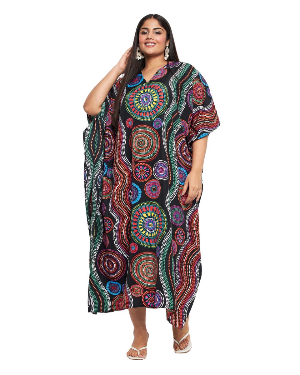 Plus Size Women Geometric Printed Black Polyester Kaftan Dress