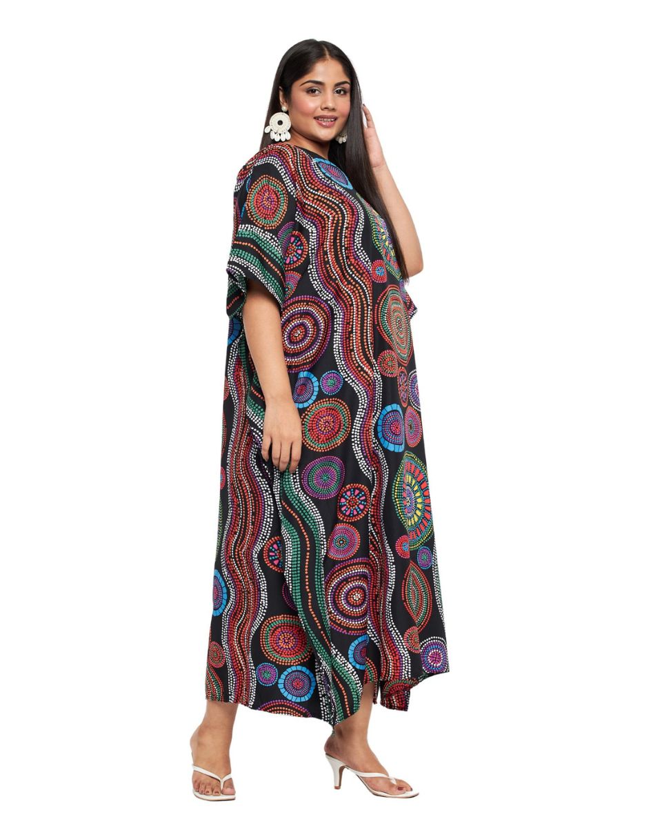 Plus Size Women Geometric Printed Black Polyester Kaftan Dress