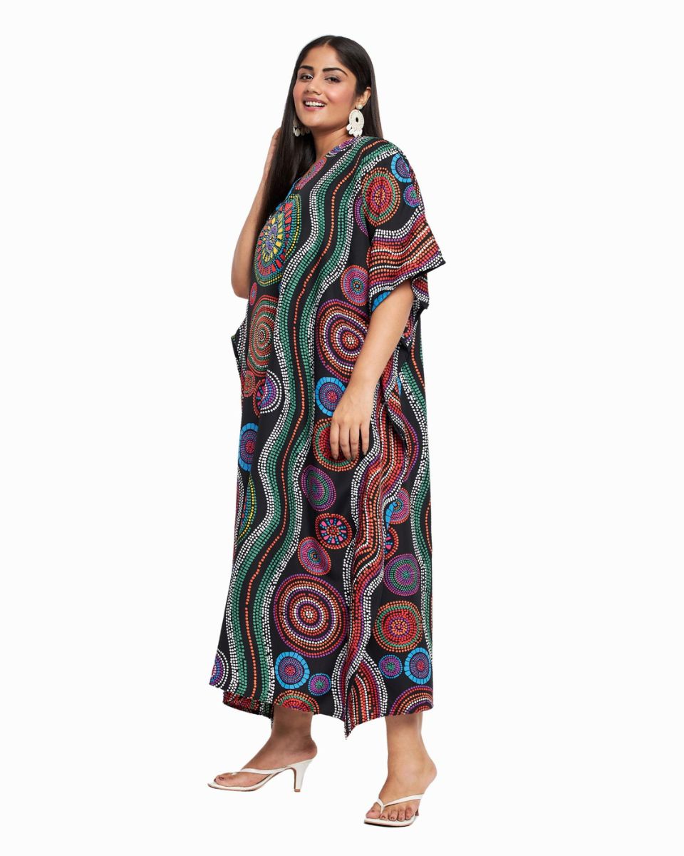 Plus Size Women Geometric Printed Black Polyester Kaftan Dress