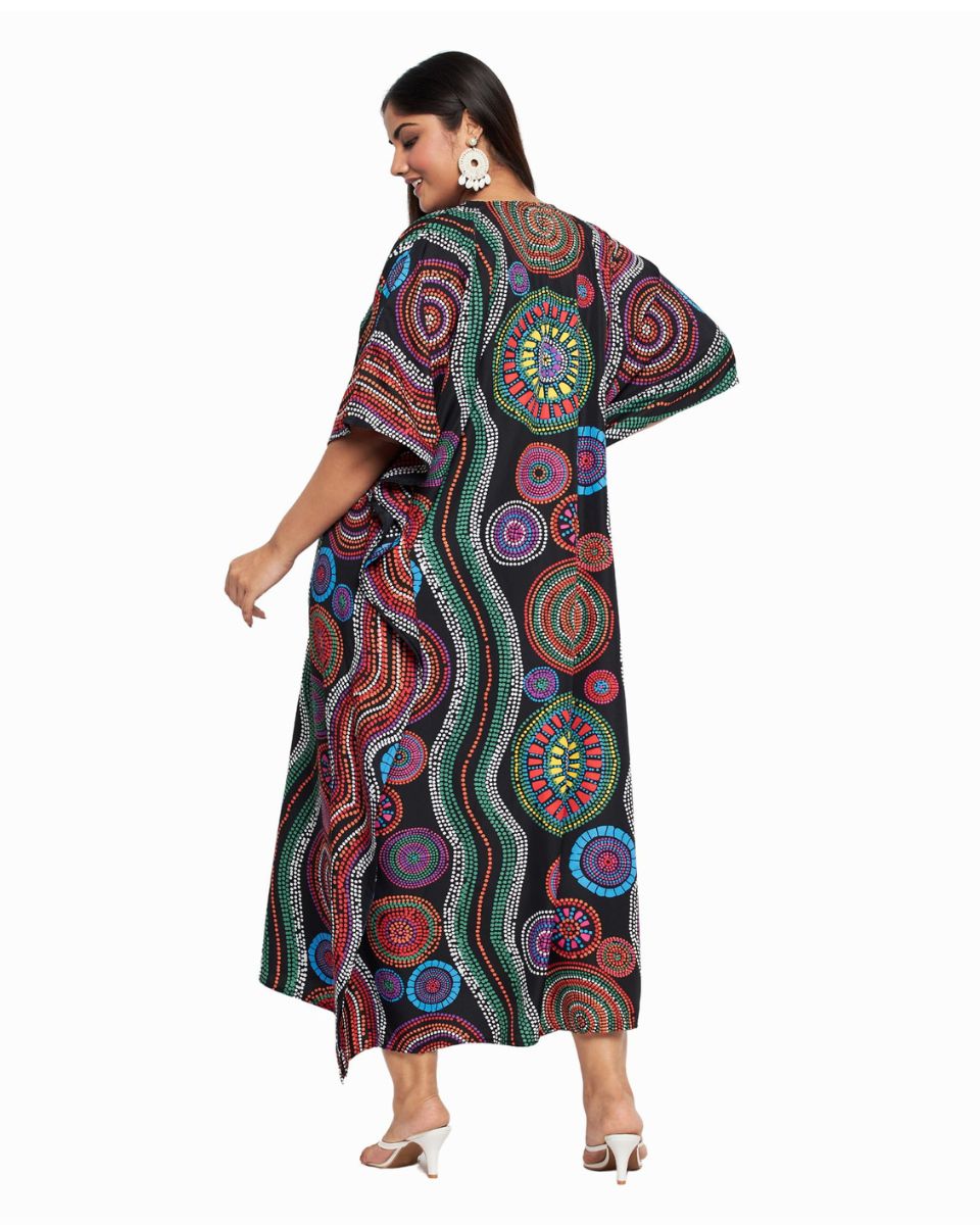 Plus Size Women Geometric Printed Black Polyester Kaftan Dress