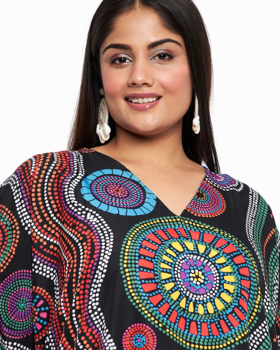 Plus Size Women Geometric Printed Black Polyester Kaftan Dress