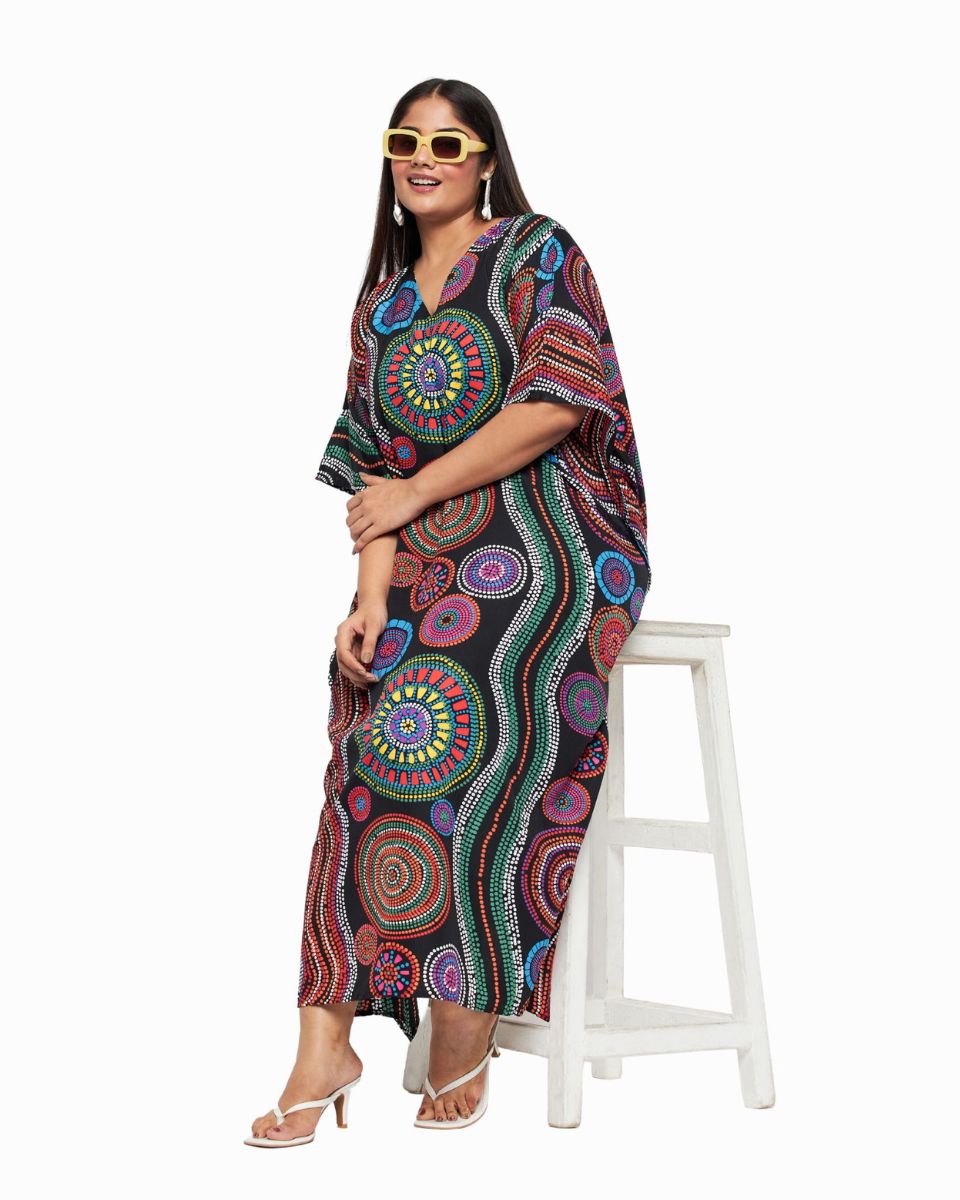 Plus Size Women Geometric Printed Black Polyester Kaftan Dress
