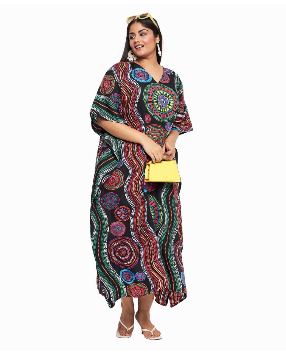 Plus Size Women Geometric Printed Black Polyester Kaftan Dress