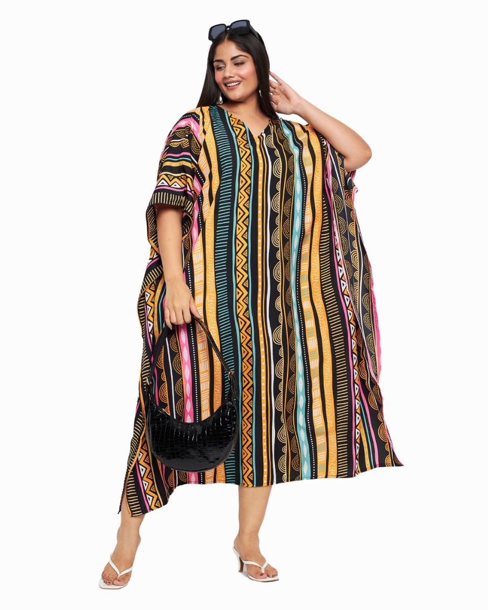 Tribal Printed Multicolor Polyester Kaftan For Plus Size Women