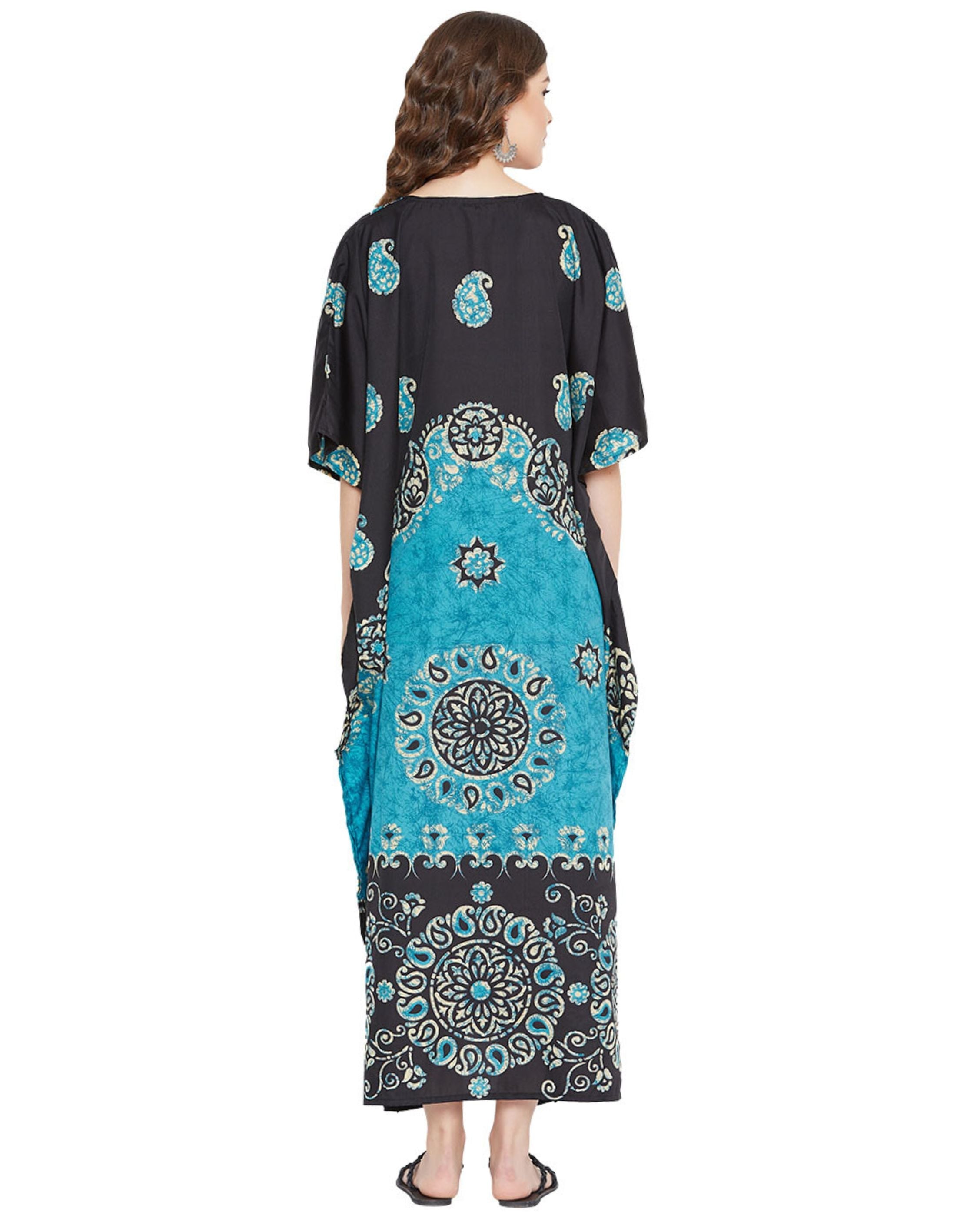 Paisley Printed Black Polyester Plus Size Kaftan Dress For Women