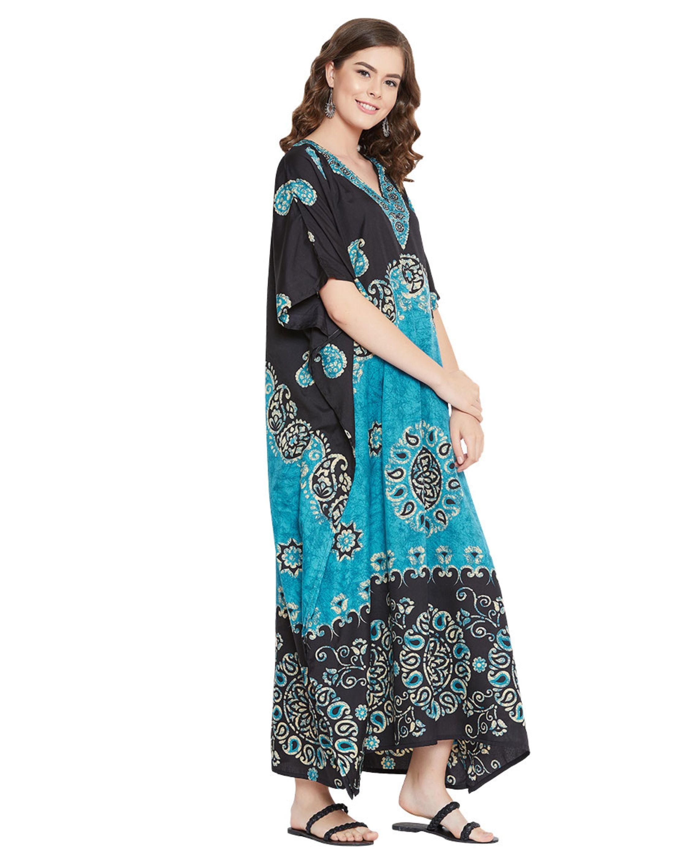Paisley Printed Black Polyester Plus Size Kaftan Dress For Women
