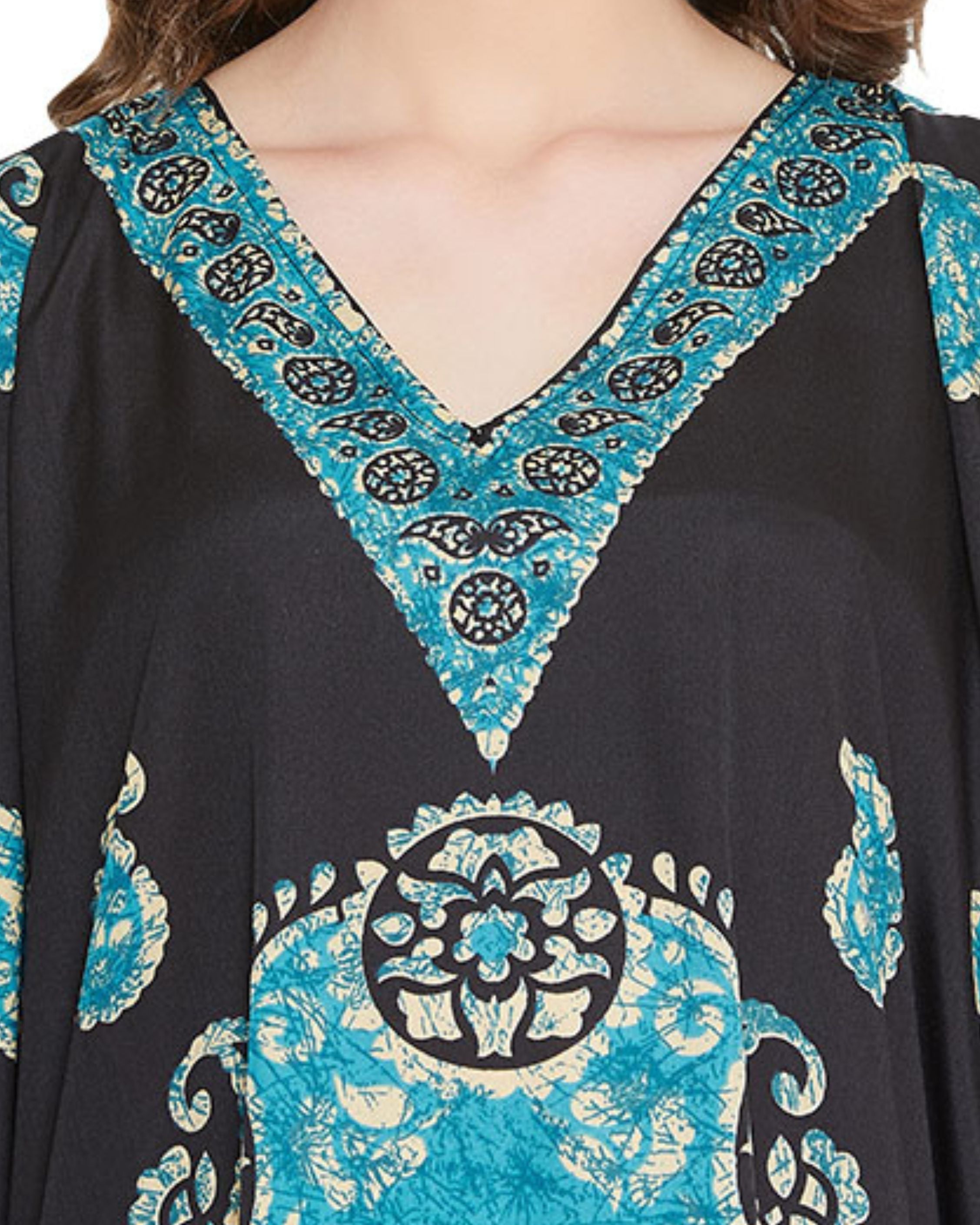 Paisley Printed Black Polyester Plus Size Kaftan Dress For Women