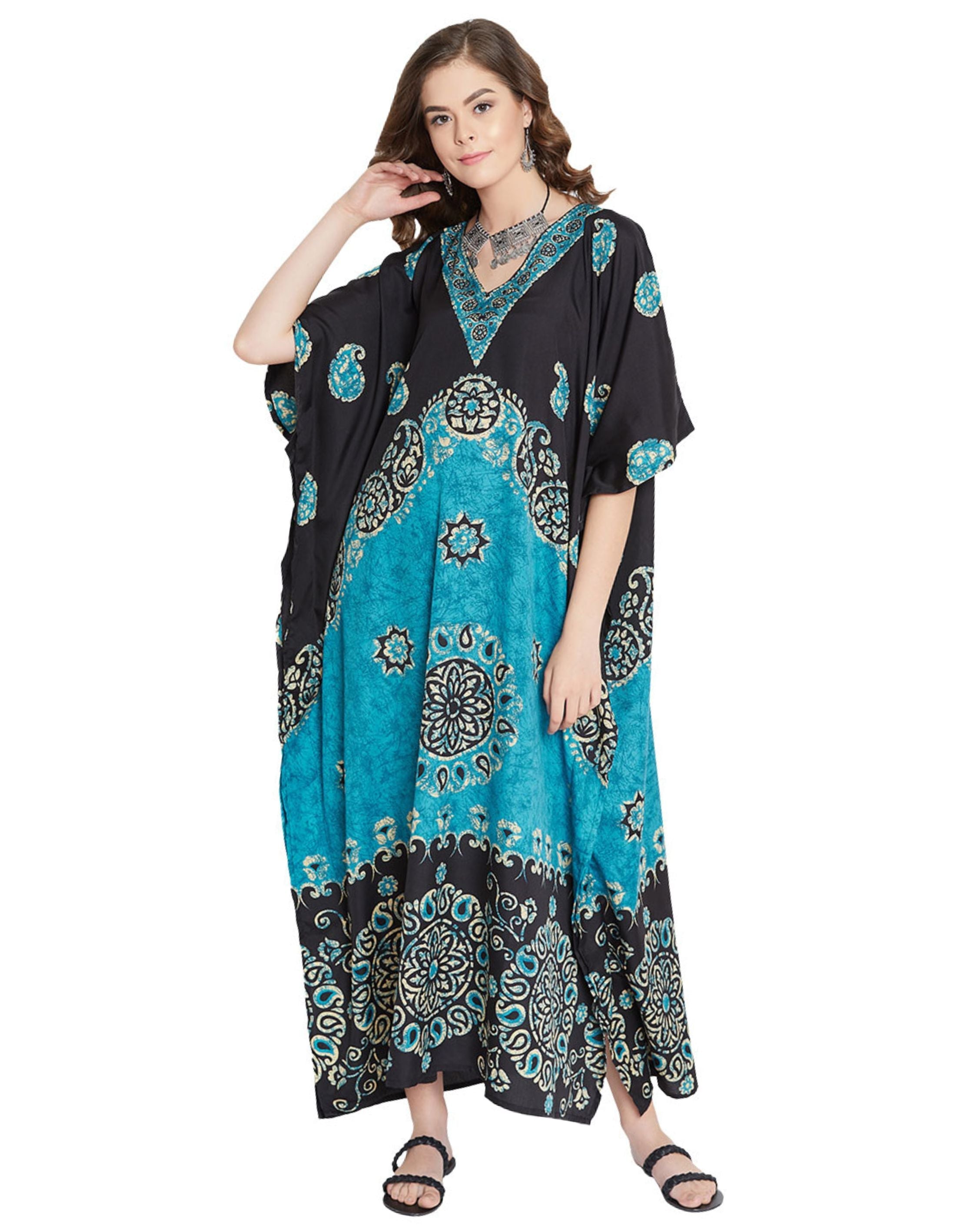 Paisley Printed Black Polyester Plus Size Kaftan Dress For Women