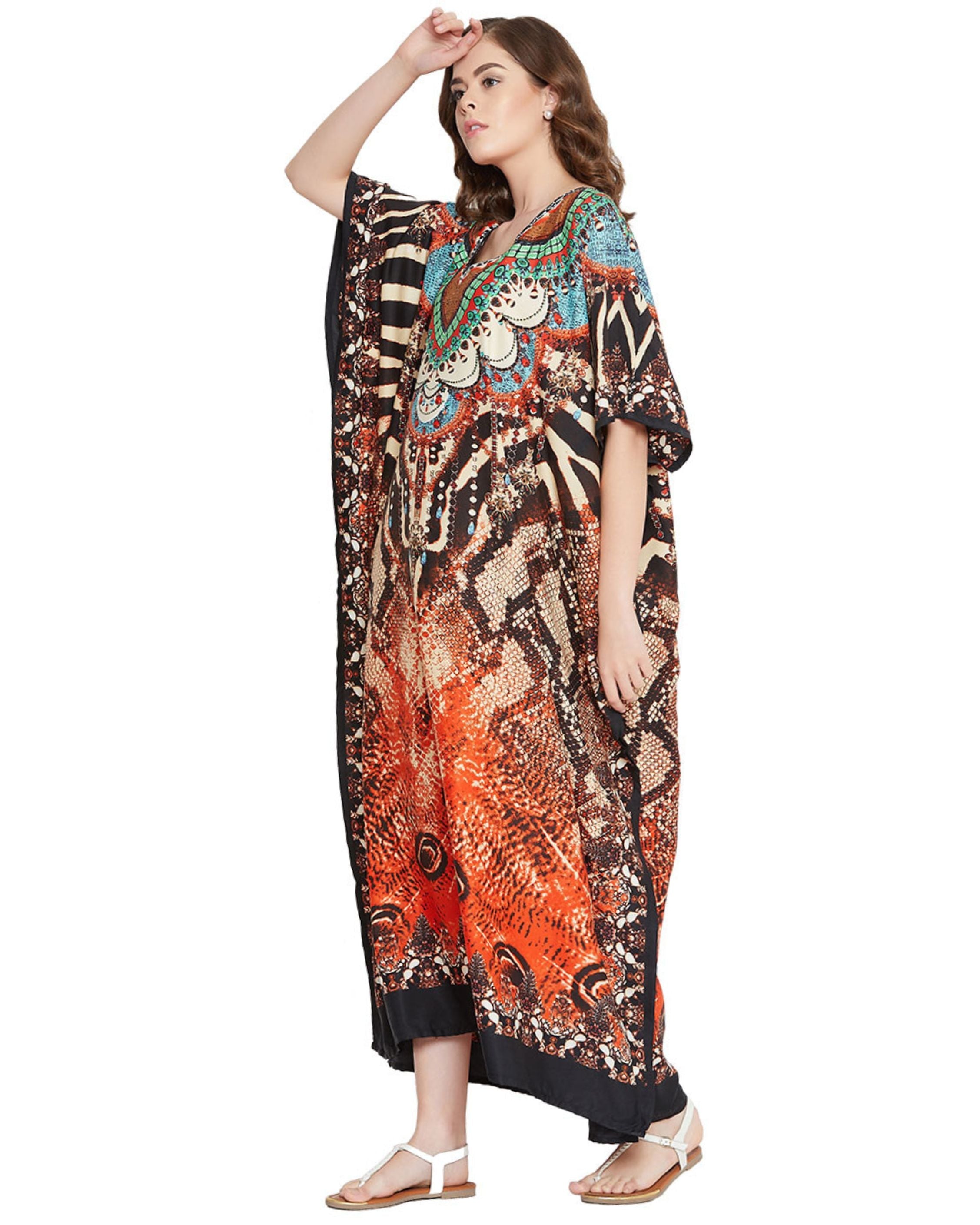 Tribal Printed Multicolor Polyester Kaftan For Plus Size Women