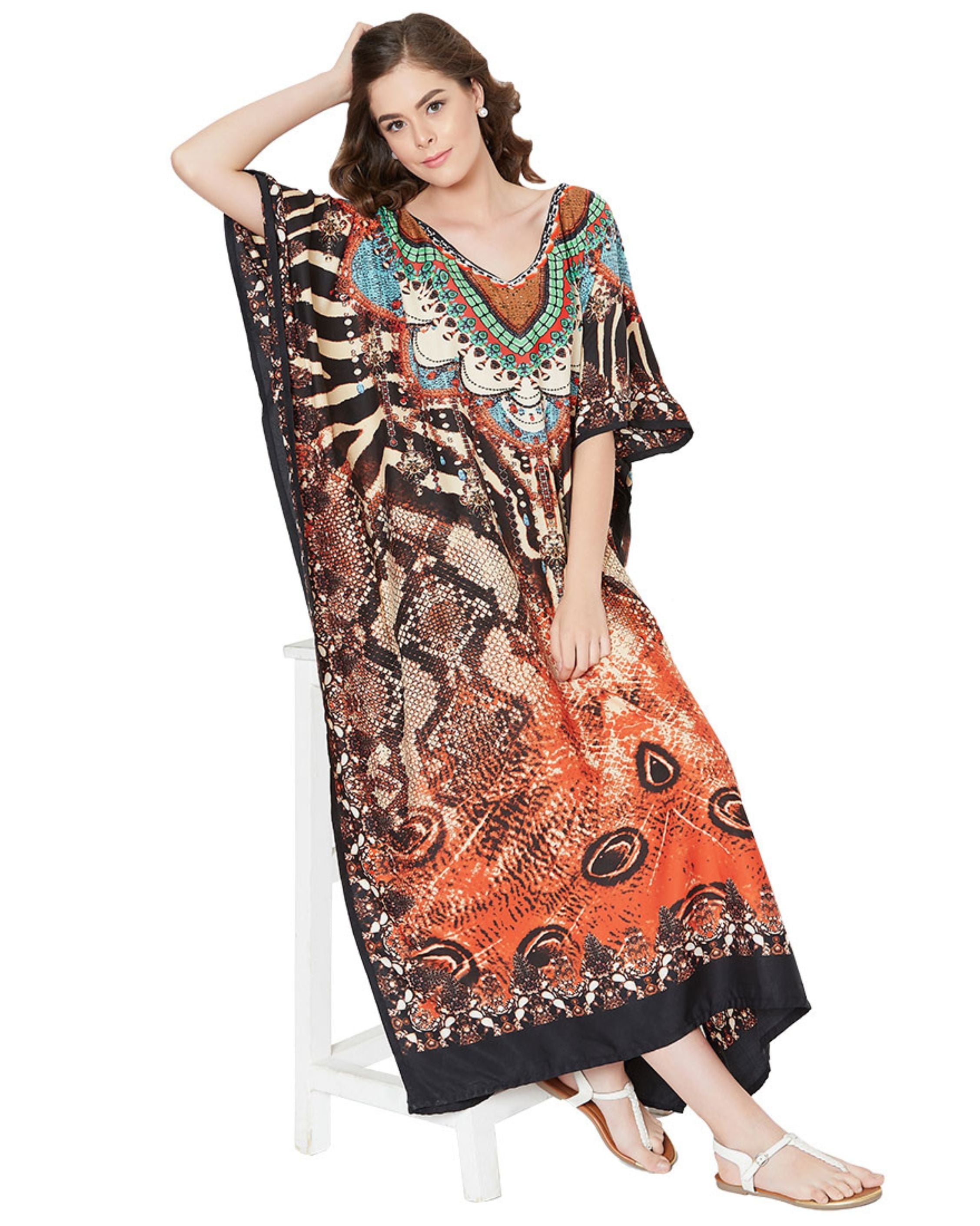 Tribal Printed Multicolor Polyester Kaftan For Plus Size Women