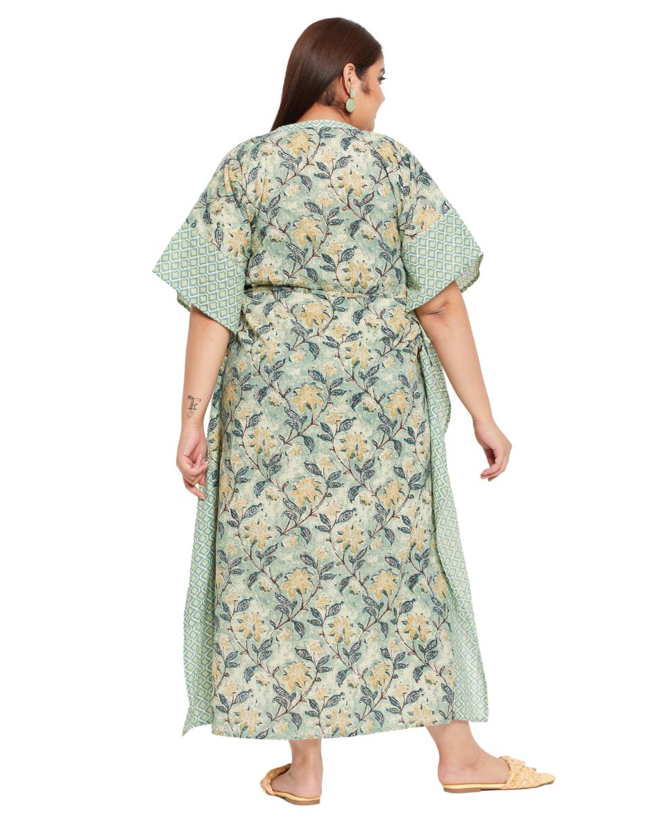 Floral Moss Green Cotton Drawstring Kaftan For Plus Size Women