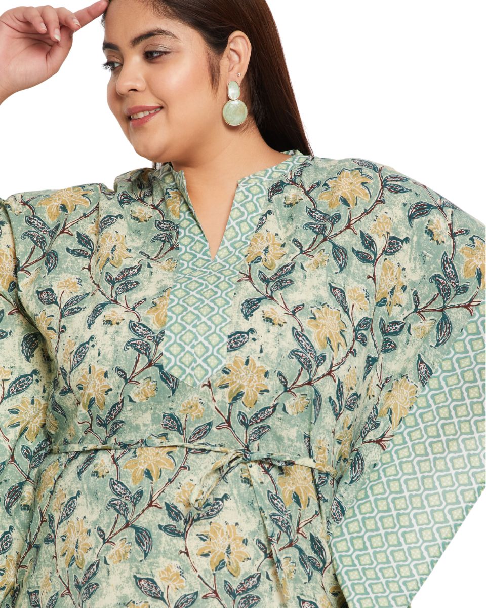 Floral Moss Green Cotton Drawstring Kaftan For Plus Size Women