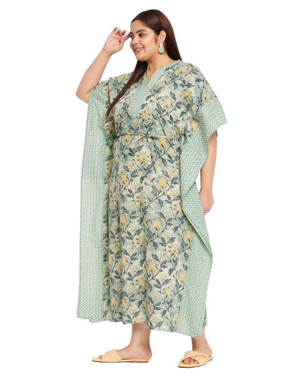 Floral Moss Green Cotton Drawstring Kaftan For Plus Size Women