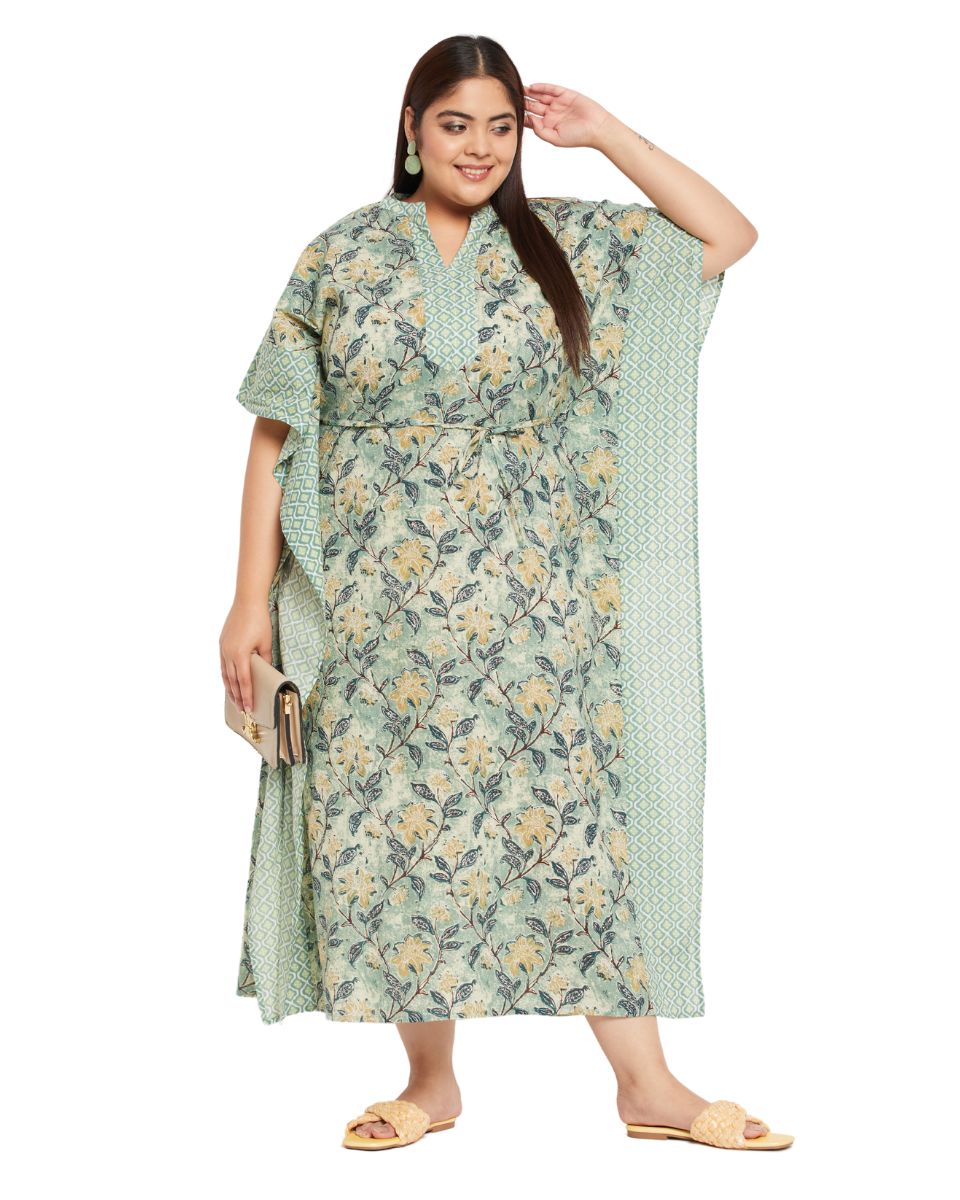 Floral Moss Green Cotton Drawstring Kaftan For Plus Size Women