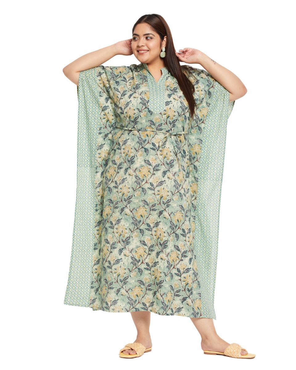 Floral Moss Green Cotton Drawstring Kaftan For Plus Size Women