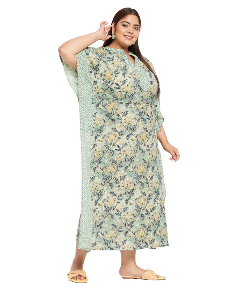 Floral Moss Green Cotton Drawstring Kaftan For Plus Size Women