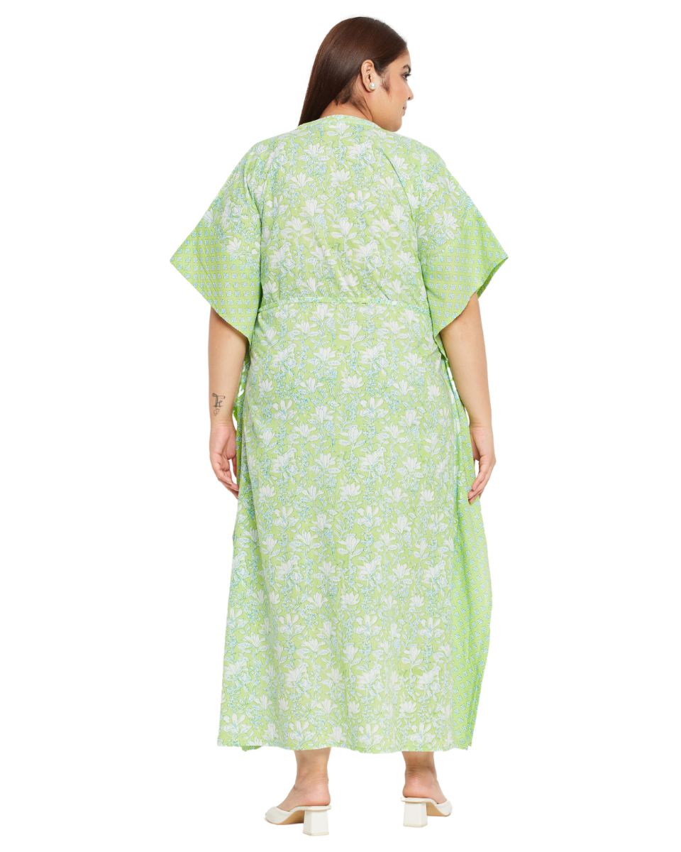 Floral Printed Neon Green Cotton Summer Kaftan For Plus Size Women