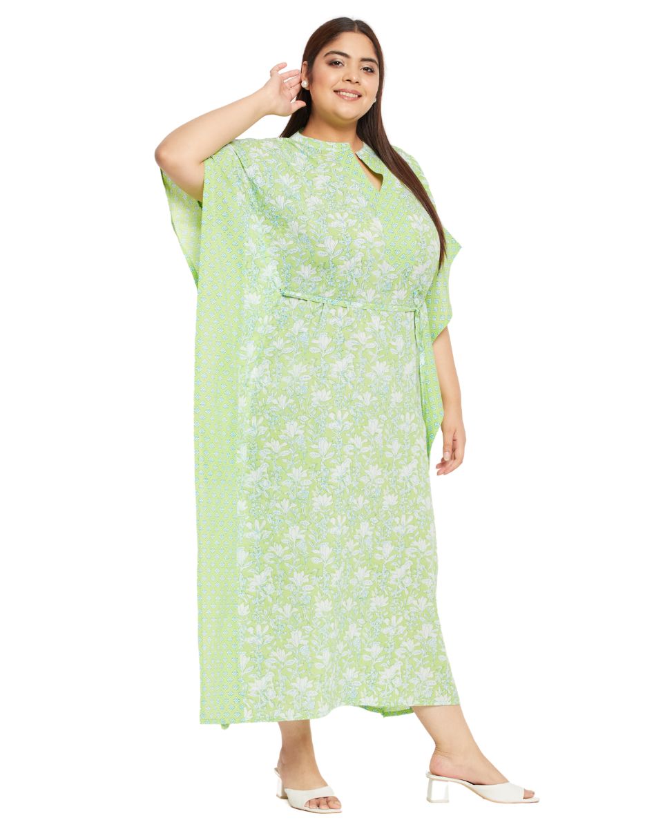 Floral Printed Neon Green Cotton Summer Kaftan For Plus Size Women