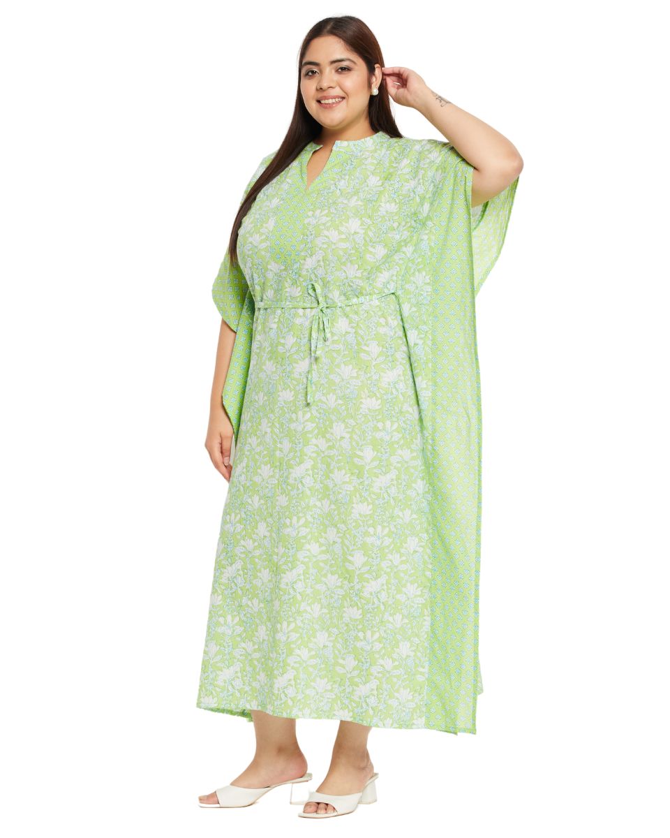 Floral Printed Neon Green Cotton Summer Kaftan For Plus Size Women