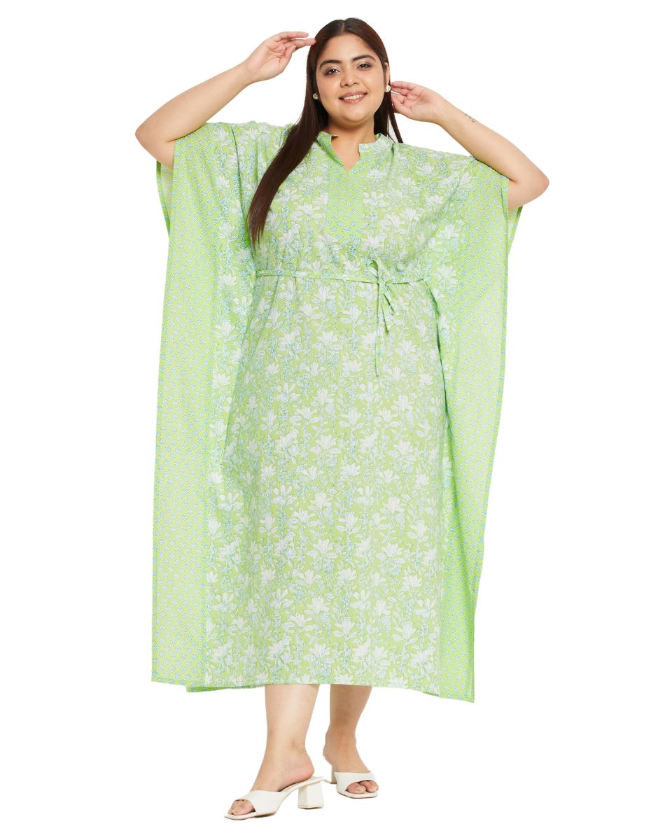 Floral Printed Neon Green Cotton Summer Kaftan For Plus Size Women