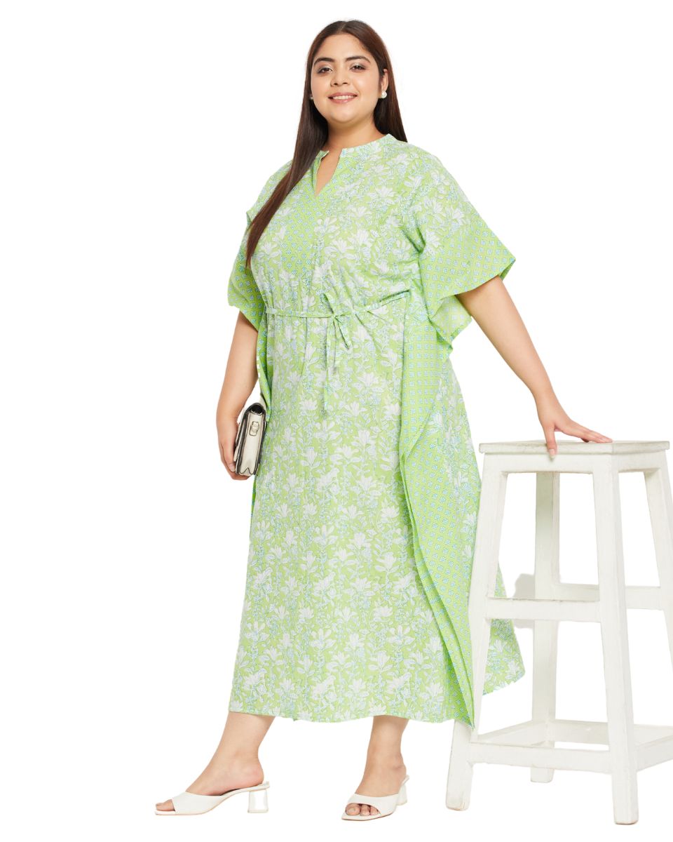 Floral Printed Neon Green Cotton Summer Kaftan For Plus Size Women