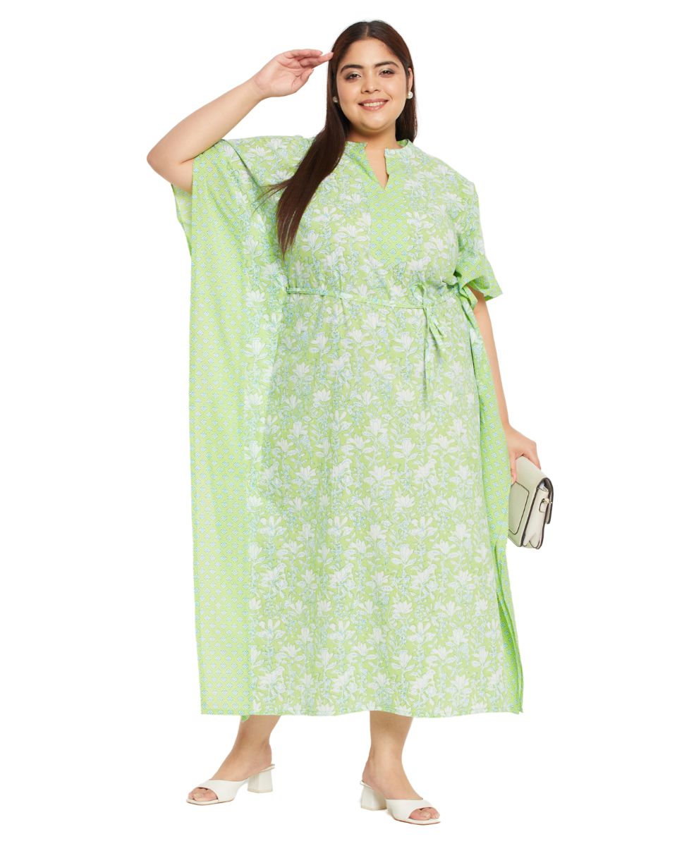 Floral Printed Neon Green Cotton Summer Kaftan For Plus Size Women Floral Printed Neon Green Cotton Summer Kaftan For Plus Size Women