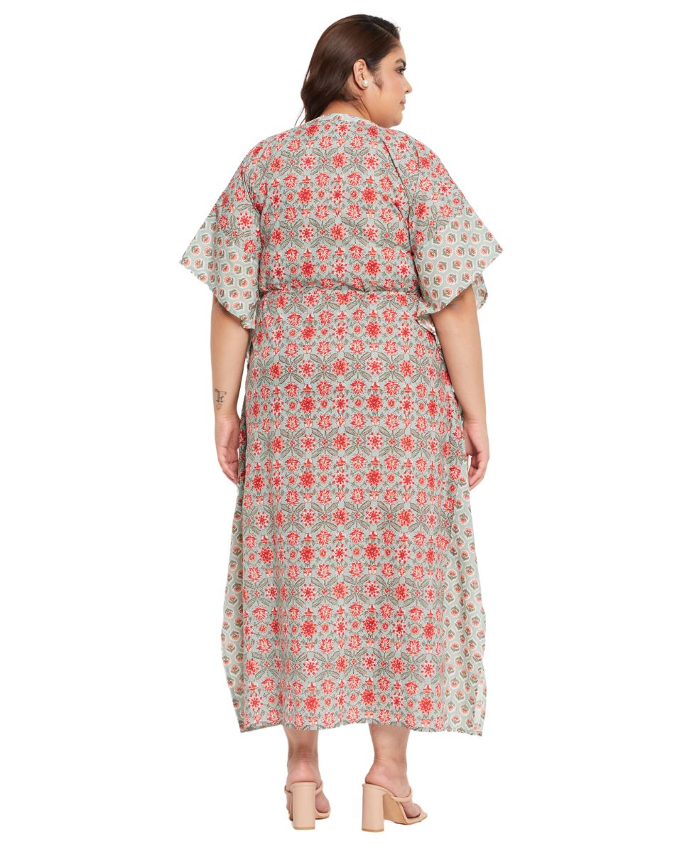 Floral Rust Cotton Drawstring Kaftan For Plus Size Women