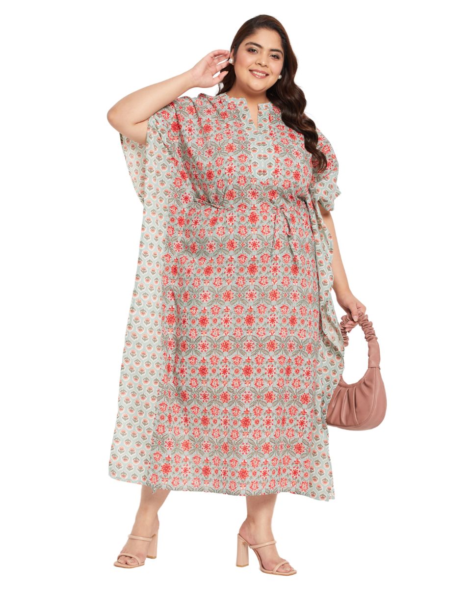 Floral Rust Cotton Drawstring Kaftan For Plus Size Women