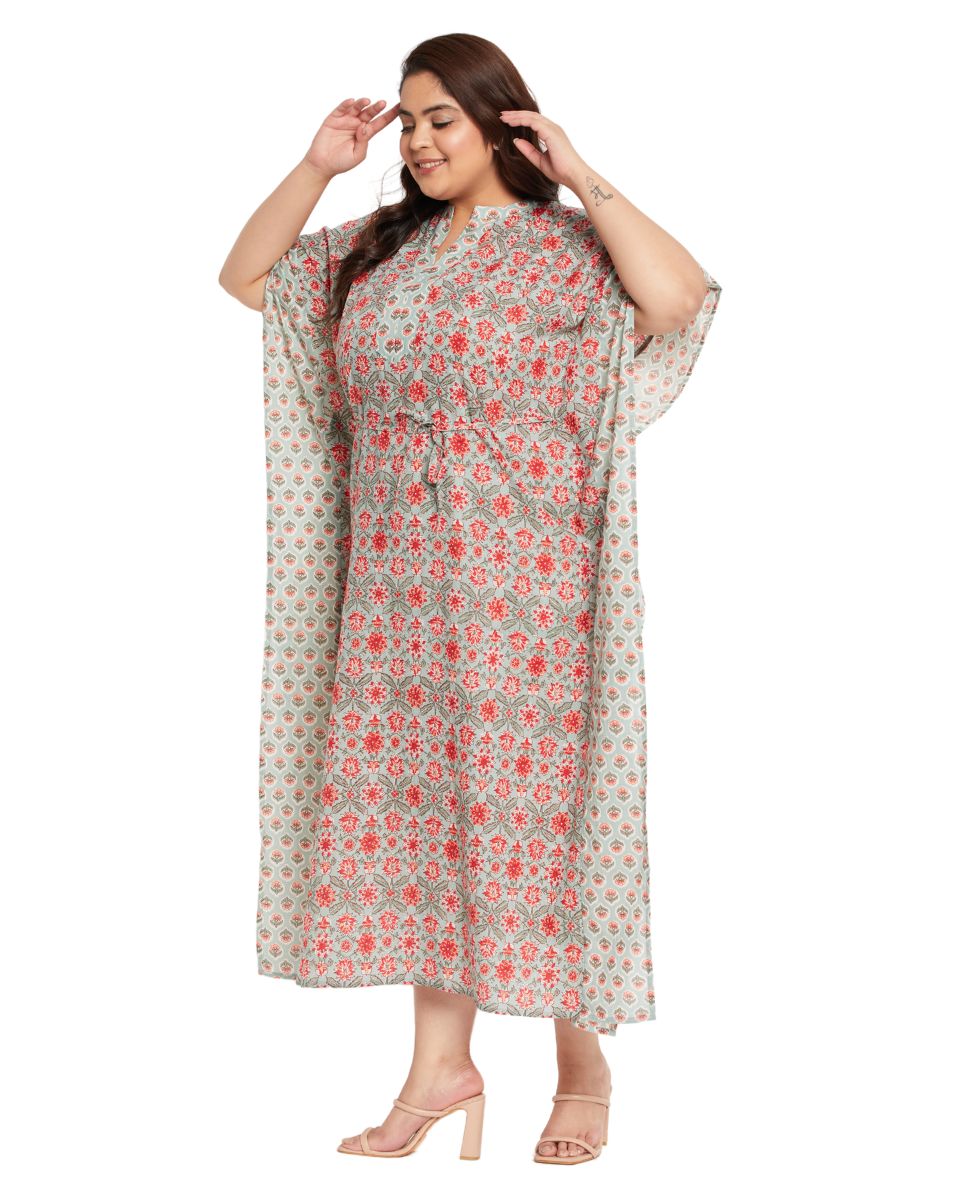 Floral Rust Cotton Drawstring Kaftan For Plus Size Women