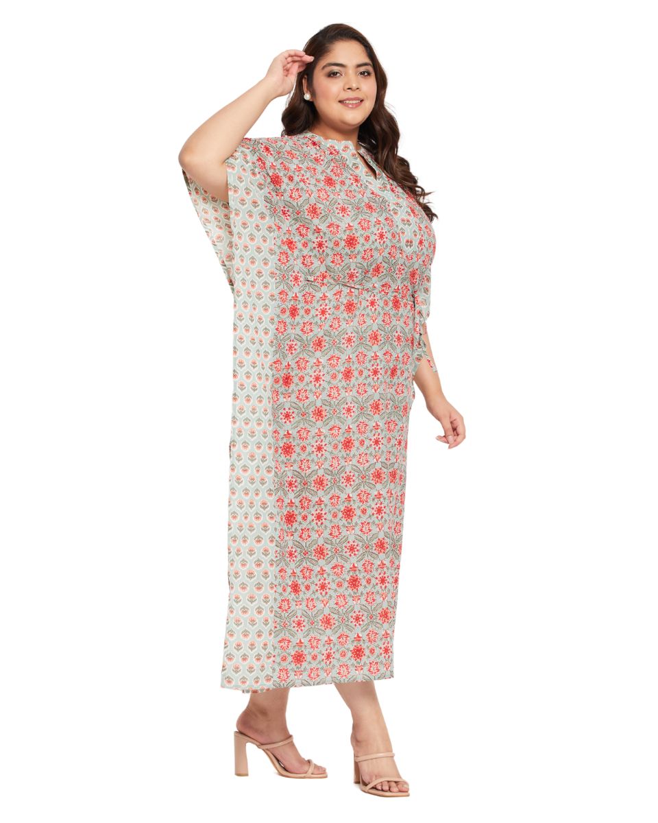 Floral Rust Cotton Drawstring Kaftan For Plus Size Women