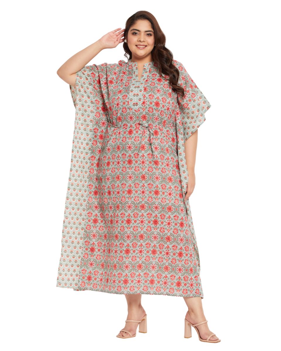 Floral Rust Cotton Drawstring Kaftan For Plus Size Women