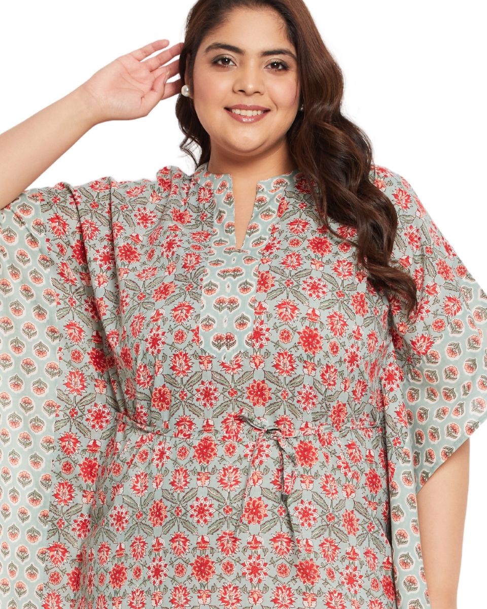 Floral Rust Cotton Drawstring Kaftan For Plus Size Women