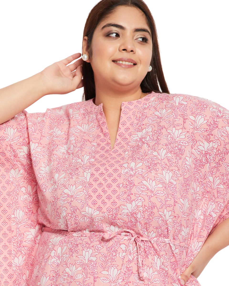 Floral Pink Cotton Kaftan Plus Size Dress Beach Caftan For Women