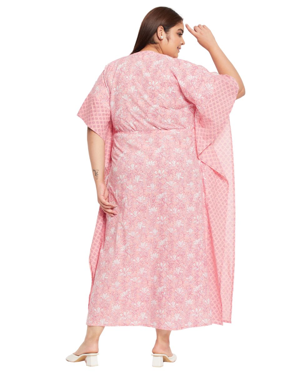 Floral Pink Cotton Kaftan Plus Size Dress Beach Caftan For Women