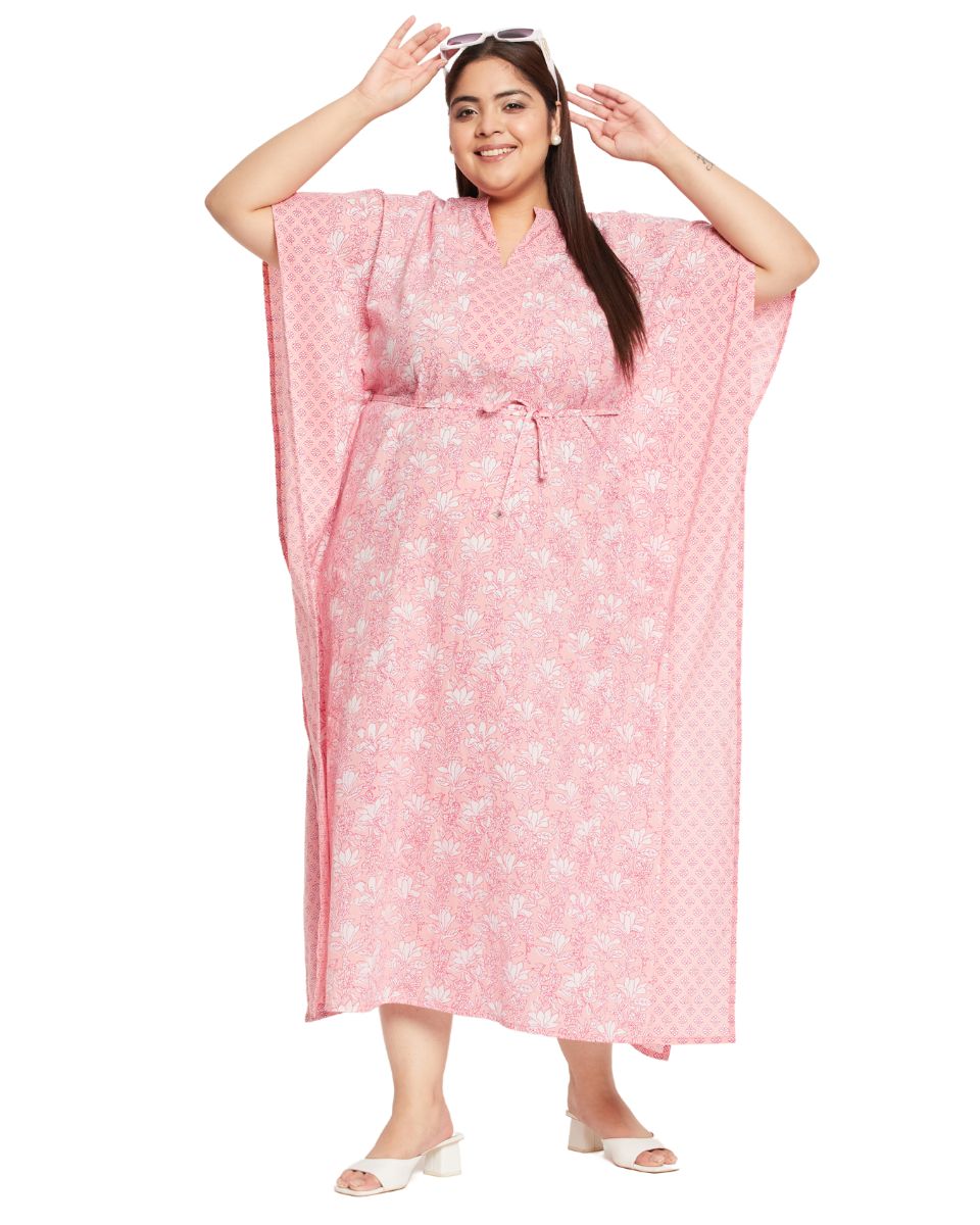 Floral Pink Cotton Kaftan Plus Size Dress Beach Caftan For Women