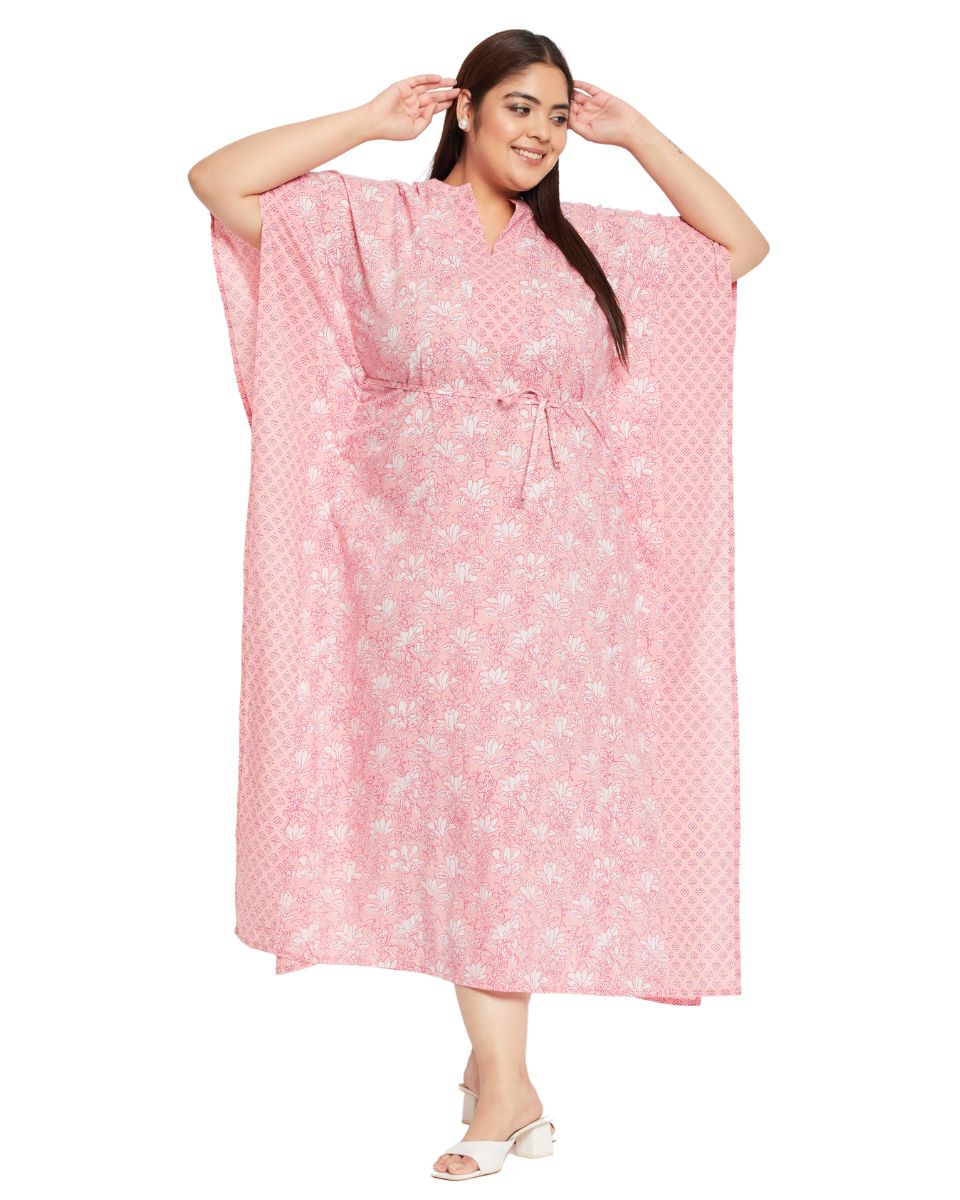 Floral Pink Cotton Kaftan Plus Size Dress Beach Caftan For Women