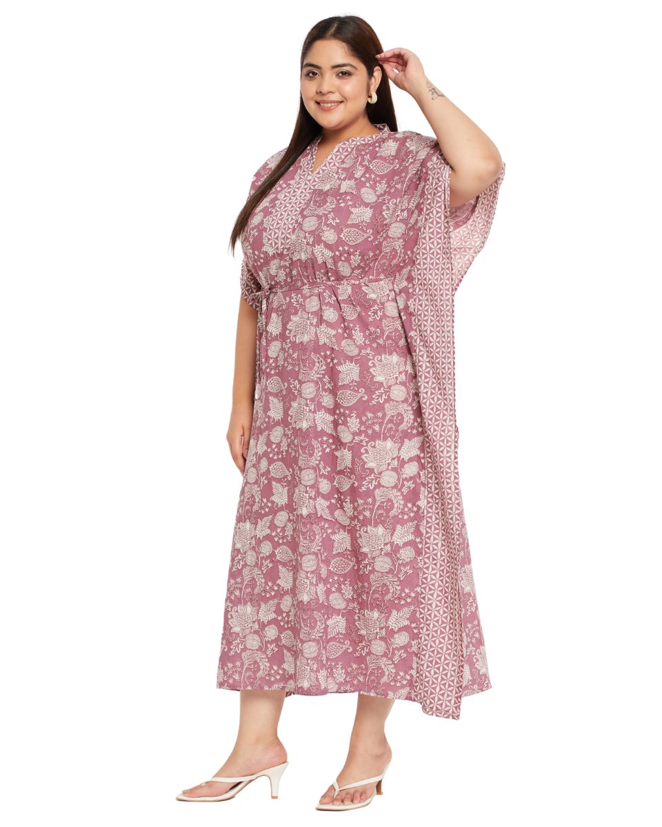 Floral Rust Cotton Plus Size Drawstring Kaftan Dress For Women