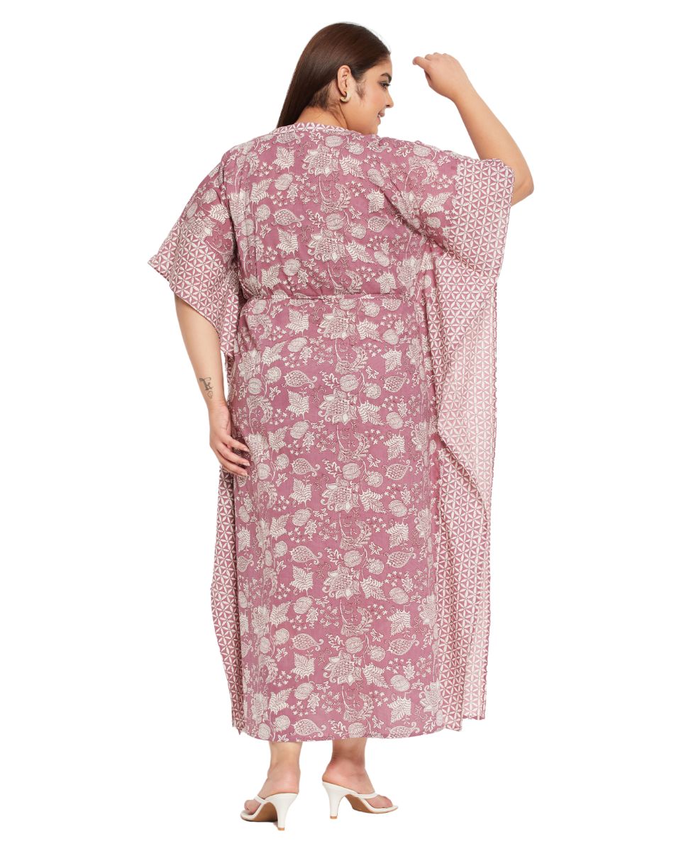 Floral Rust Cotton Plus Size Drawstring Kaftan Dress For Women