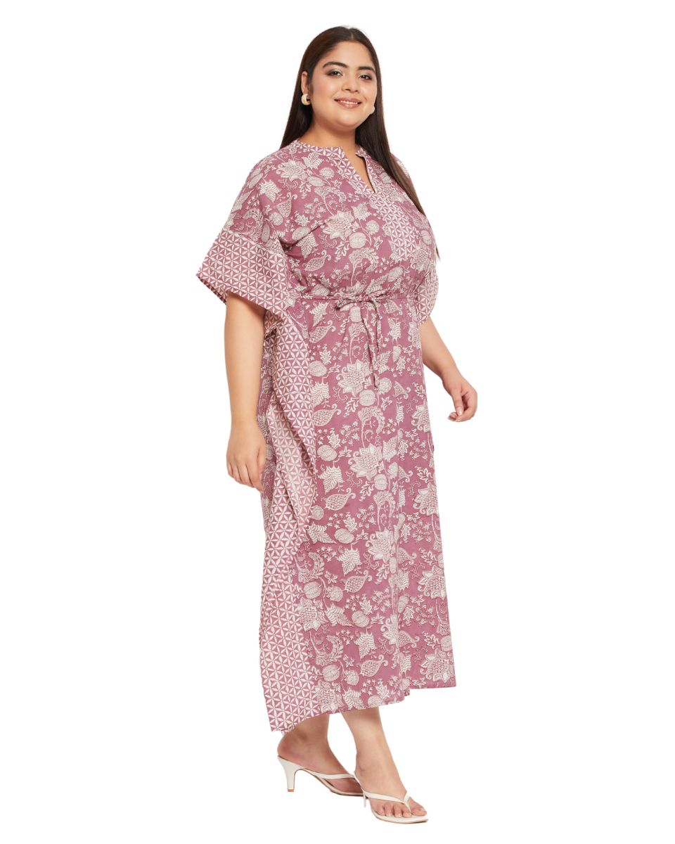 Floral Rust Cotton Plus Size Drawstring Kaftan Dress For Women