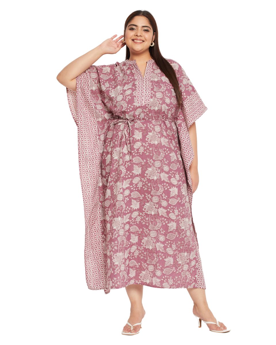Floral Rust Cotton Plus Size Drawstring Kaftan Dress For Women