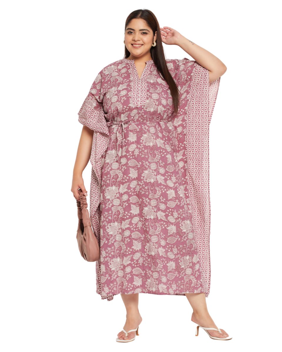 Floral Rust Cotton Plus Size Drawstring Kaftan Dress For Women