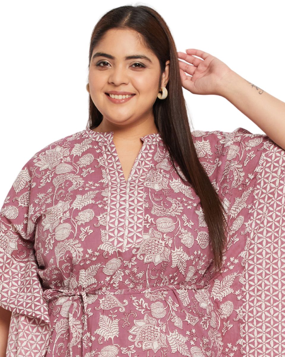 Floral Rust Cotton Plus Size Drawstring Kaftan Dress For Women