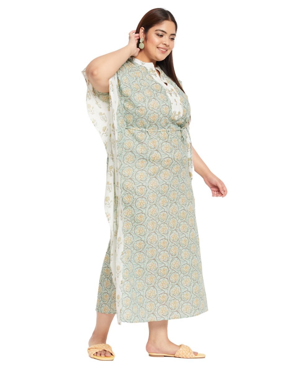 Sea Green Cotton Floral Loungewear kaftan for Plus Size Women