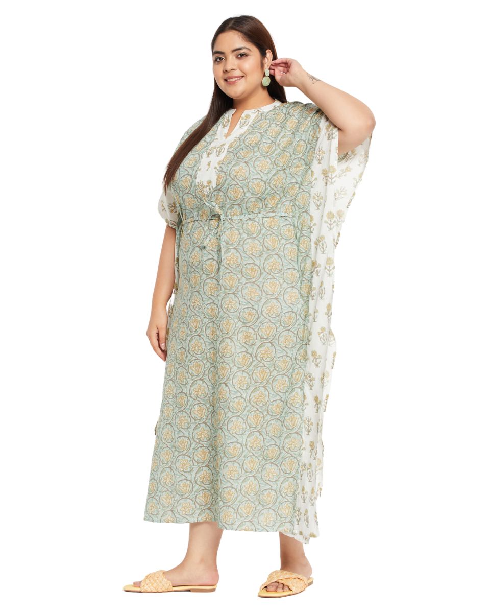 Sea Green Cotton Floral Loungewear kaftan for Plus Size Women